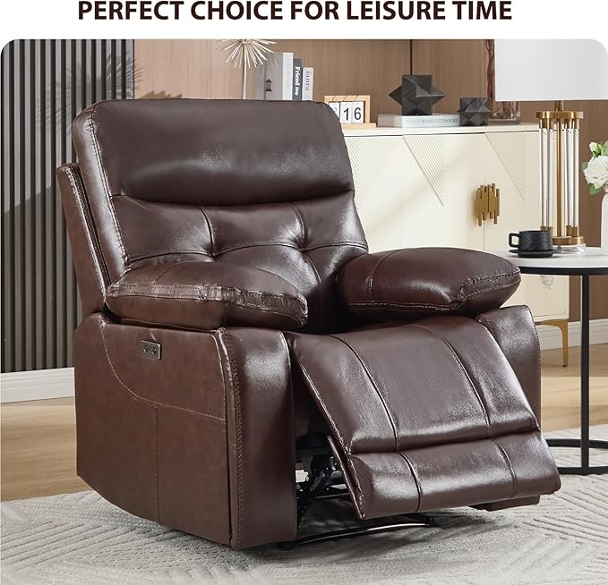 CANMOV Genuine Leather Recliner Chair, Power Single Reclining Sofa with Comfortable Arms and Back, Modern Electric Recliner Couch Set with Hidden Cup Holders,USB,Type C Port for Living Room,Dark Brown