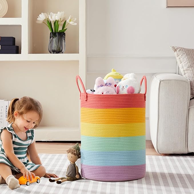 20 Inches Rainbow Baby Girls Kids Hamper Laundry Basket for Nursery Toddler Clothes Blanket Toy Storage Woven Rope Unicorn Hamper in Playroom Bedroom Large