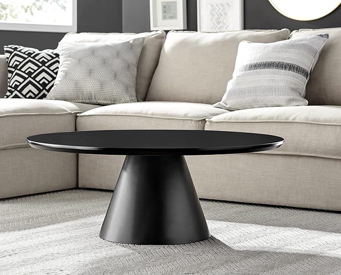 Furniturebox UK Coffee Table - Palma Round Coffee Table - Contemporary Minimalist Black Round Coffee Table with Tapered Central Pillar - Living Room Furniture