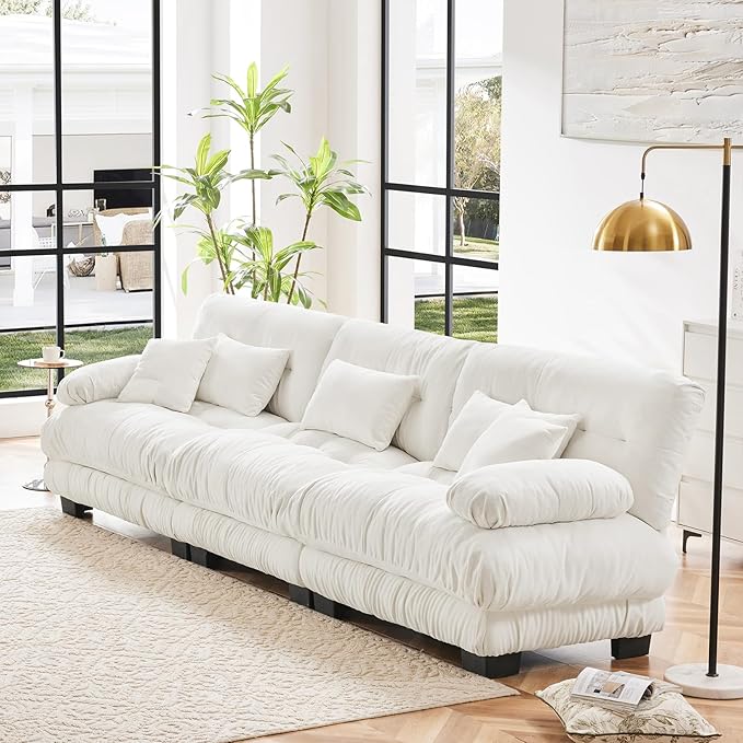 133.8" Oversized White Chenille Cloud Couch, 3 Seater Modular Sectional Sofa, Deep Seat Fluffy Couch Set with 5 Pillows