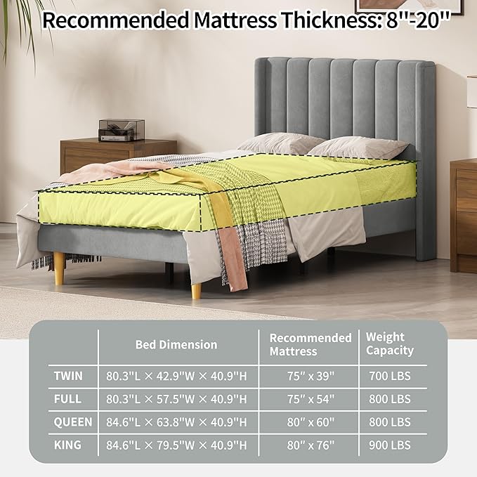 Twin Size Upholstered Platform Bed Frame with Modern Wingback & Vertical Panel Headboard, Velvet Fabric, Wooden Legs & Slats Support, No Box Spring Needed, Noise-Free & Easy Assembly, Grey