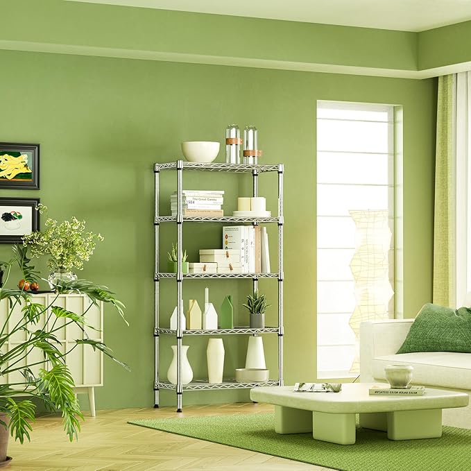 IZEUK 5-Tier Chrome Metal Storage Shelves, Heavy Duty Wire Shelving Unit for Kitchen, Office, Garage, or Home Organization, 1250 lbs Capacity, 13.8" D x 29.5" W x 59.5" H