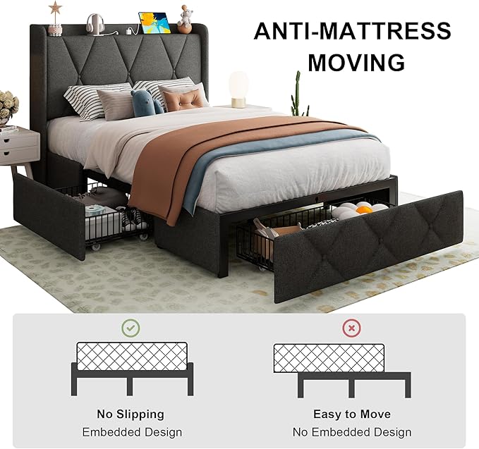 Feonase Twin Bed Frame with 3 Storage Drawers, Upholstered Platform Bed with Charging Station, Wingback Storage Headboard, Heavy Duty Wooden Slats, No Box Spring Needed, Easy Assembly, Dark Grey
