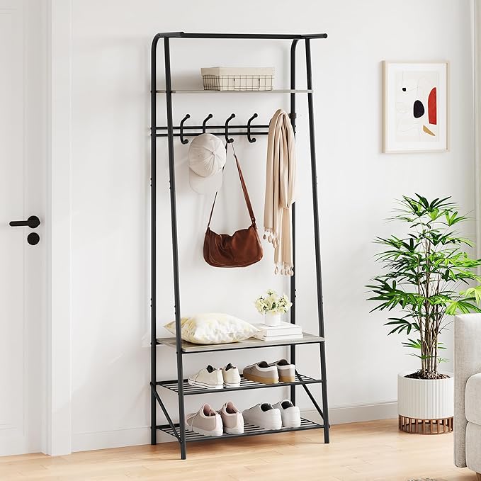 MDF Hall Tree with Bench, 4-in-1 Entryway Coat Rack with Storage Shelf & Shoe Organizer, Sturdy Freestanding Furniture for Living Room, Bedroom, Mudroom