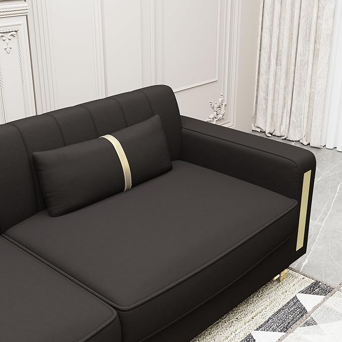 Couch 85.62" 3 Seats Sectional Velvet Fabric Sofa Easy Assemble Sofa Bed with 2 Couch Pillows,Gold Metal Legs for Living Room (P17, Black（3+1+1）)