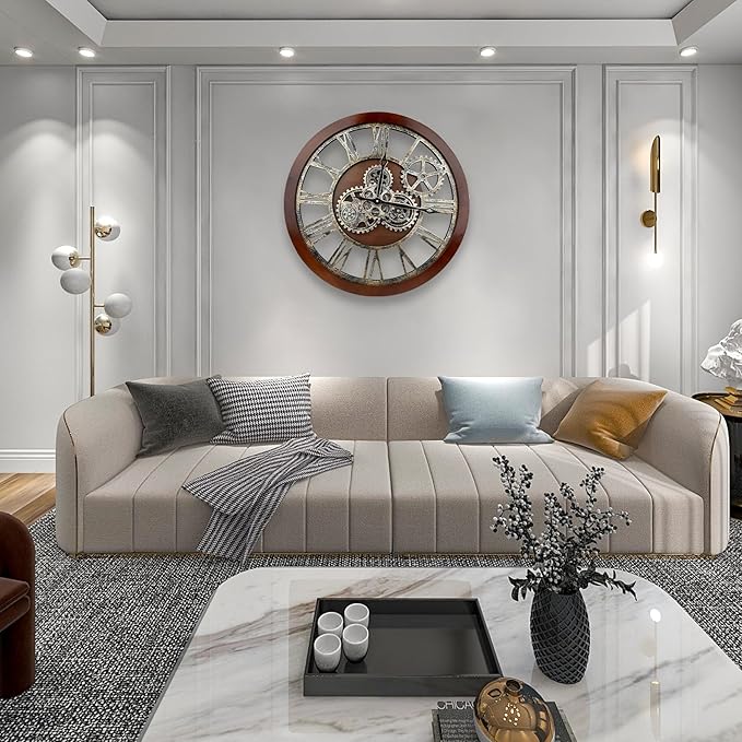 The B-Style Large Wall Clock 24 inch Moving Gear Wall Clock Oversized Vintage Farmhouse Wall Clocks for Living Room Decor Rustic Industrial Wood Clock (Black walunt Wood and Bronze)