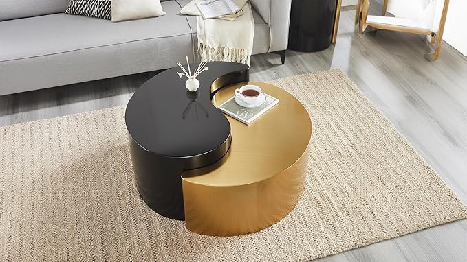 Modern Contemporary Luxury Ying-Yang 36" Coffee Table Set, Sculptural Design with Aluminum Frame for Living Room, Entryway, Home & Office, Black & Gold Dual Tone Coffee Table