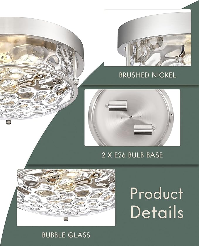 12" Flush Mount Ceiling Light, Brushed Nickel Finish, Hammered Glass Shade, Modern Farmhouse Style for Bedroom, Living Room, Dining – CKCL4822-2W-HGBN