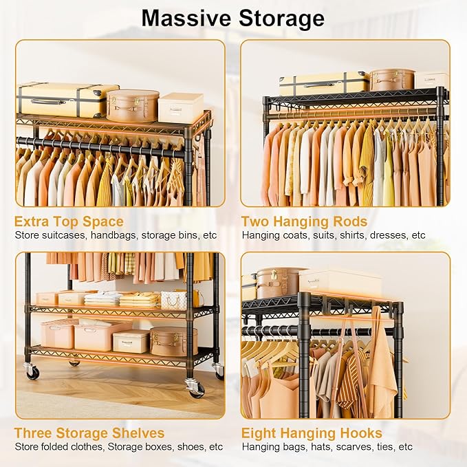 P7 Rolling Clothes Rack, Clothing Racks for Hanging Clothes, Heavy Duty Garment Rack with Wheels, 3 Tiers Freestanding Portable Closet Rack 45''W × 20.5''D × 80.5''H, Max Load 480 lbs, Black
