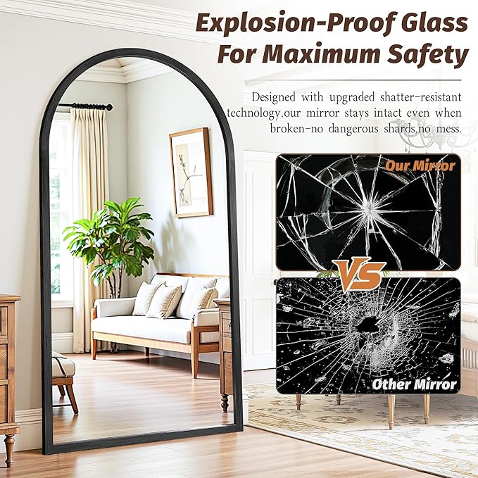 Full Length Mirror 76"×41" Floor Mirror Standing Tall Mirror, Arched Stand up Large Wall Mirrors, Freestanding Full Body Mirrors for Bedroom Living Room Wood Antique Style Black