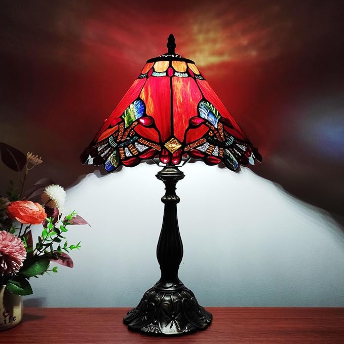 Tiffany Table Lamp Red Baroque Style Stained Glass Lamp 12X12X19 Inch Antique Lamp for Office Home Bedroom Living Include 3-Color LED Bulb
