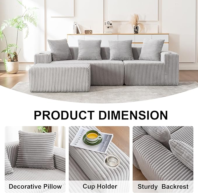 106" Modular Sectional Sofa, Modern Cloud L-Shape Couch with Ottoman Chaise, Comfy Deep Seat Chenille Boneless Couches for Living Room, No Assembly Required, Light Grey