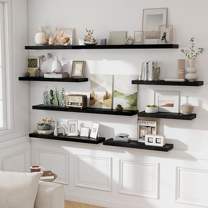 Fun Memories 48 Inch Floating Shelves for Wall 8 Inch Deep Black Shelves Set of 2, Wall Mounted Rustic Wood Long Floating Shelf, Large Display & Storage Shelf with Invisible Brackets
