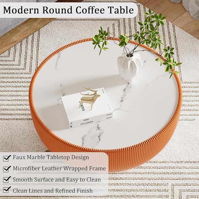 Round Coffee Table Set with Sintered Stone Tabletop, 29.53" Orange Drum Center Table and 19.69" Orange Coffee Table Set, 2 Pieces Living Room Table Set with Fluted PU Leather Cover&Metal Base