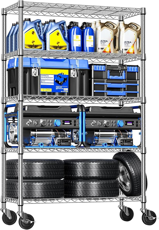 IZEUK 5-Tier Storage Shelving Unit with Wheels, Adjustable Heavy Duty Steel Wire Rack Organizer (Chrome, 17.7" D x 47.2" W x 76.7" H, 1750 lbs Capacity) for Garage, Kitchen, Pantry, Laundry