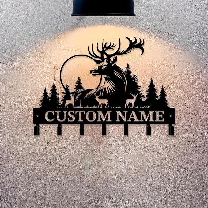 Personalized Custom Name Forest Deer Wall Keys Hooks,Metal Forest Deer Art Clothes Hooks,Metal Forest Deer Wall Home Storage Decorative,For Front Door, Hallway, Kitchen, Bedroom,Keys,Hats (Style D)