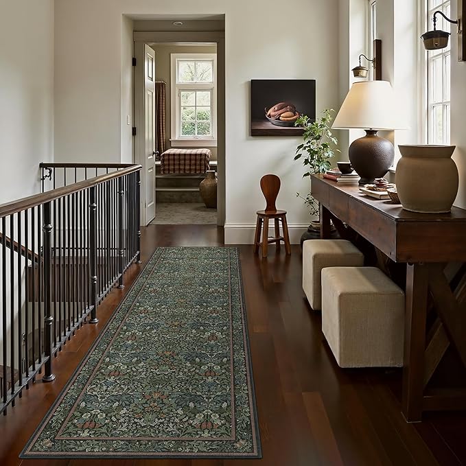GENIMO Floral Washable Runner Rug 2’6”x12’, Non-Slip Long Hallway Carpet for Entryway, Kitchen, Indoor Floor Use, Vintage Boho Soft Thin Rug Décor, Dark Green