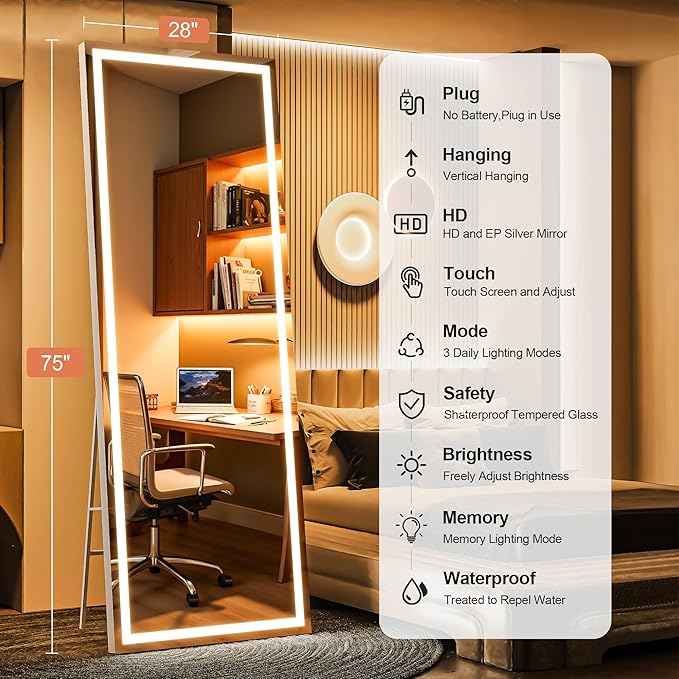 Full Length Mirror with Lights, 75" x 28" LED Lighted Floor Standing Mirror, Tempered Glass, Square White