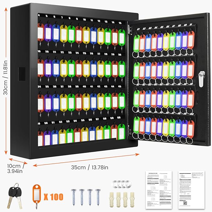 100 Keys Key Cabinet, Anti-Theft Key Lock Box with Key Tags, Adjustable Key Organizer Wall Safe for Car Office House Garage Rental Business