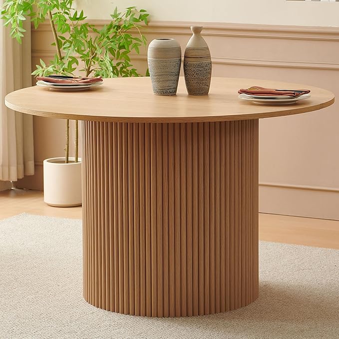 47" Round Dining Table for 4, Modern Farmhouse Wood Veneer Top with MDF Striped Base, Kitchen & Dining Room Tables - Oak Color