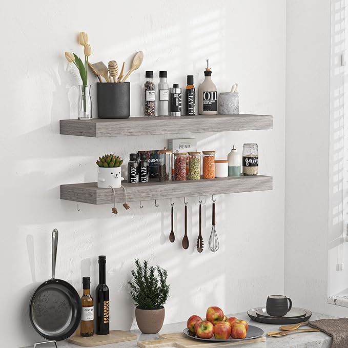 Floating Shelves - 24 Inch Rustic Wooden Wall Shelves - Extra Deeper & Thicker Wall Mounted Storage Shelf for Living Room, Kitchen, Farmhouse - 24" W x 9" D x 1.6"H - Rustic Grey, 2 Pack