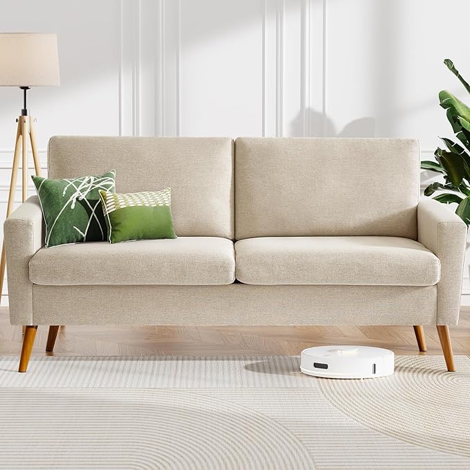 WEUP 68" Loveseat Sofa Oatmeal Linen Couch, Mid Century Modern Love Seat Couches for Living Room, Small Loveseat for Bedroom Office, Comfy Sofa with Spring Cushion, Solid Wood, Tool-Free Assembly