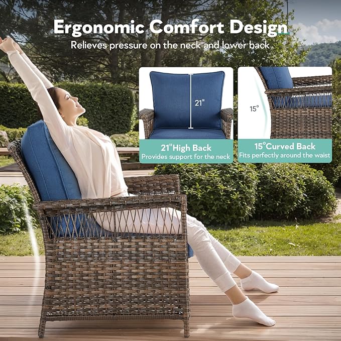 5 Pieces Wicker Patio Furniture Set - Hollow Widen Armrests Outdoor Rattan Chairs with Ottomans and Side Table, Small Patio Convention Set for Balcony Porch Deck and Yard - Brown/Blue