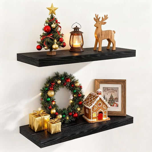 Fun Memories Floating Shelves for Wall, 24 x 9.3 Floating Shelf Wall-Mounted, Rustic Wood Bathroom Shelf Set of 2, Deep Bookshelf Storge Shelves for Living Room, Bedroom, Farmhouse, Black Color