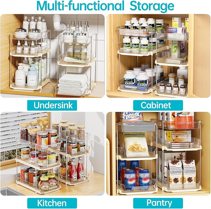Delamu 2 Pack 3-Tier Bathroom Under Sink Organizers and Storage, Multi-Purpose Stackable Pantry Organization and Storage, Pull Out Clear Kitchen Bathroom Cabinet Organizer with Movable Dividers, Beige