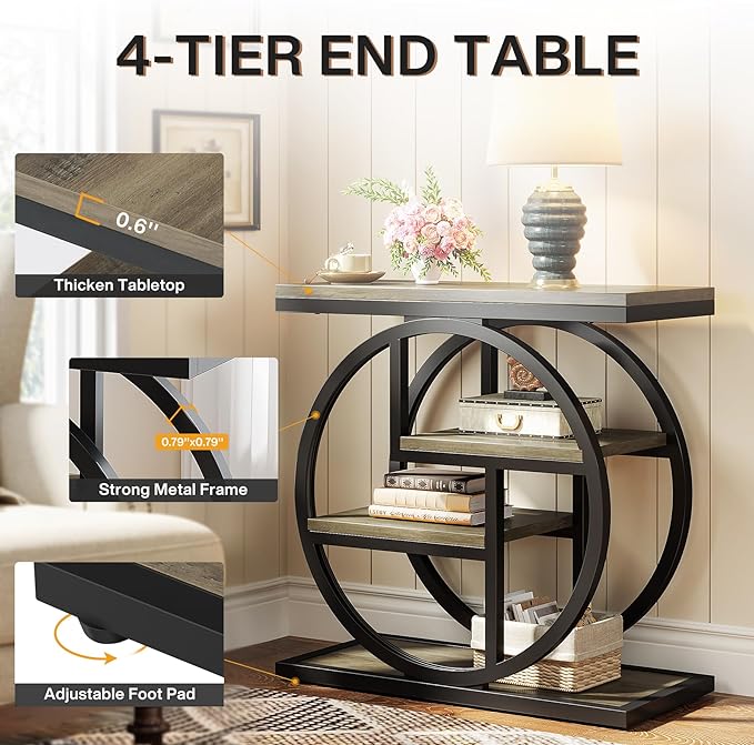 Tribesigns End Table for Living Room, 4-Tier Narrow Side Table with Storage Shelves, Industrial Bedside Table for Bedroom, Wood Small Sofa Side Table with Geometric Metal Frame (1 PC, Grey)
