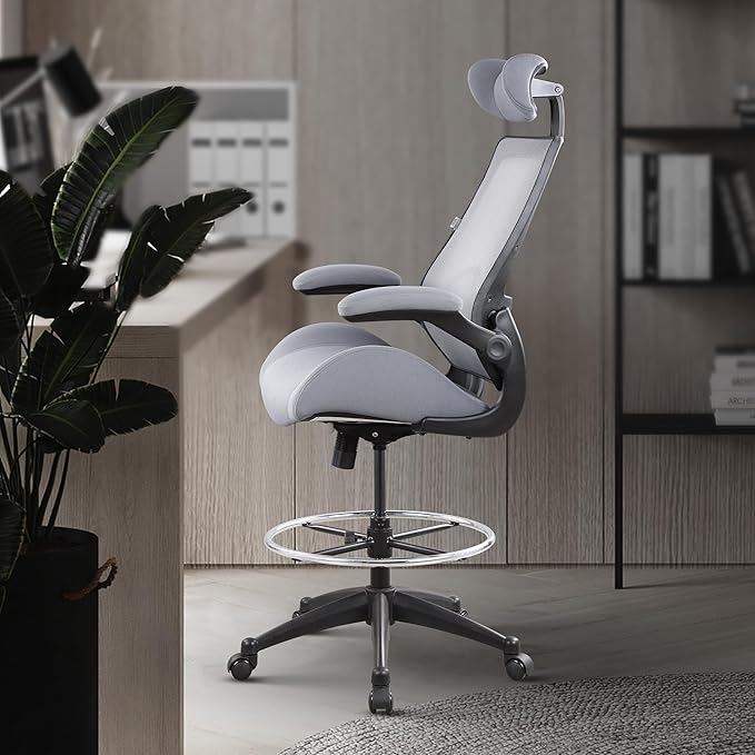 BOLISS 400lbs High Back Computer Office Drafting Chair Flip up Armrests Lumbar Support Adjustable Big Footrest Ring (Grey)