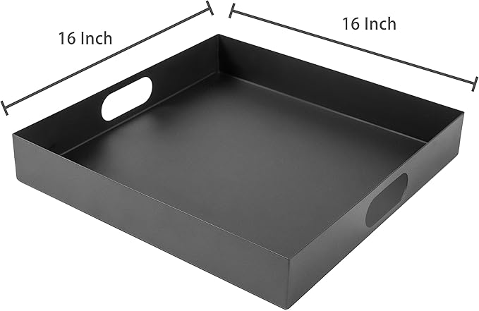 MyGift 16 Inch Square Serving Tray, Modern Matte Black Metal Breakfast and Decorative Ottoman Tray with Oval Cutout Handles