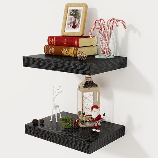 12 Inch Deep Black Floating Shelves, 16 x 12 Floating Shelf for Books, Rustic Wood Deep Wall Shelves for Home Storage & Display, 2" Thicked Shelves for Kitchen, Living Room, Bedroom, 2 Pack