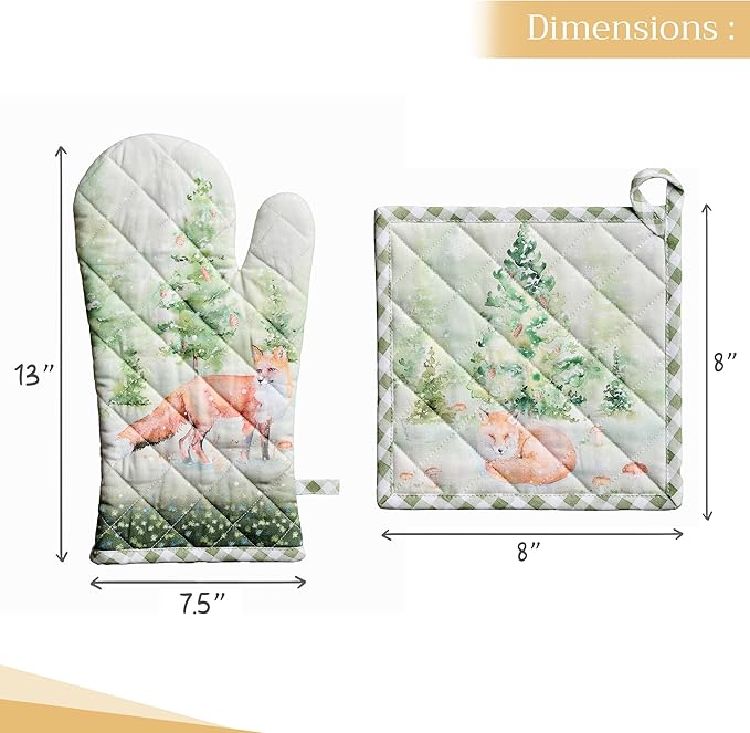 Maison d' Hermine 100% Cotton Oven Mitt & Pot Holder Set (7.5"x13" & 8"x8") Heat Resistant BBQ Cooking Gloves with Loop for Thanksgiving Christmas Decorations Handling Hot Pans (Winter Mornings)