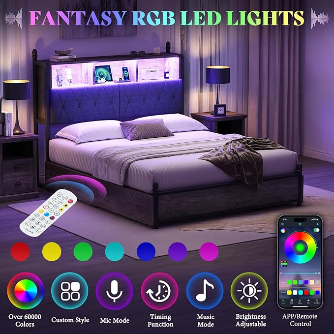 AMERLIFE Full Size Bed Frame with Bookcase Headboard and 4 Storage Drawers, Wooden Platform Bed with Charging Station and LED Light, No Box Spring Needed/Noise-Free, Gray