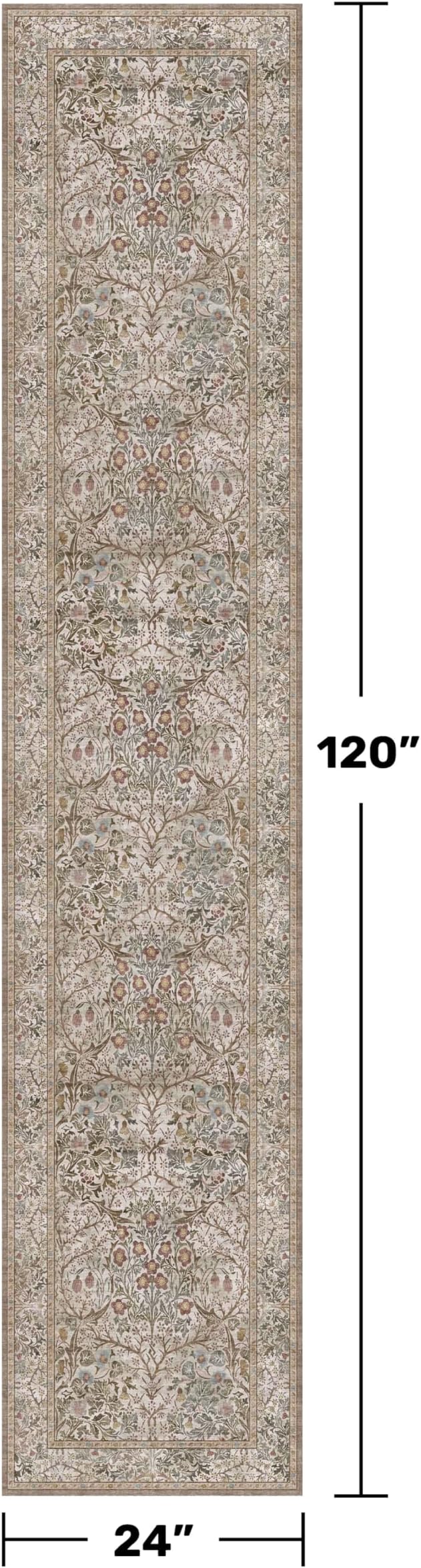 Non Slip 2x10 Moss Green Hallway Runner - 10ft Long Runner Rugs, Washable Kitchen Floor Mat - Vintage Brown Taupe Neutral Floral Design Décor