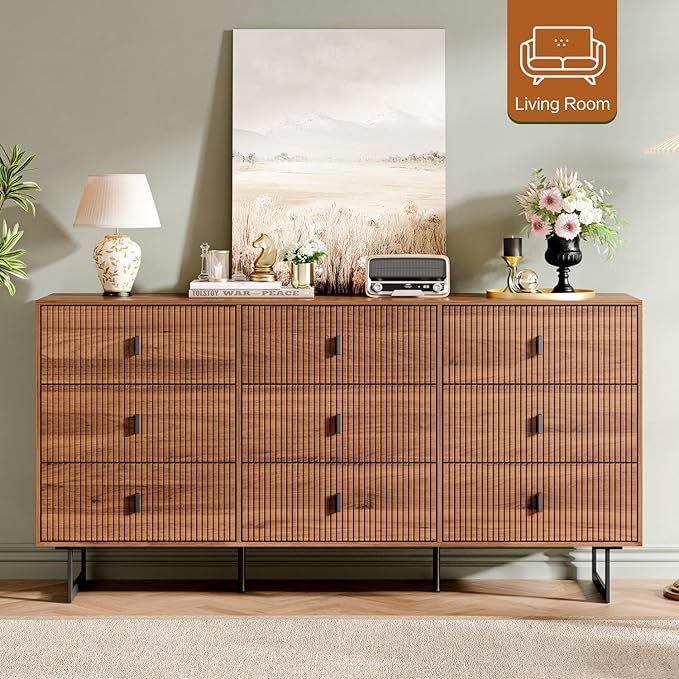 Modern Chest of Drawers with 9 Drawers,Deep Drawers,Clothes Organizer,Large Storage Cabinet for Living Room, Bedroom,Hallway,with Anti-Tipping Device, Walnut.