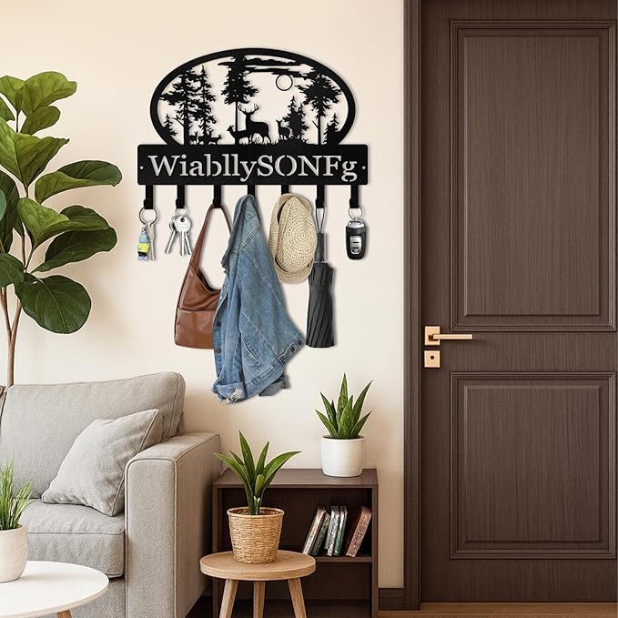 Personalized Metal Key Holder Wall Mount, Forest Key Hooks for Wall, Coat Hooks, Mountain Wall Decor, Key Organizer Rack for Entryway Office Kitchen Front Door, Housewarming Gifts