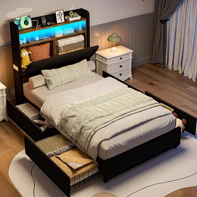 IKIFLY 49.2" Tall Twin XL Bed Frames with 4 Storage Drawers, Upholstered Wingback Hidden Storage Headboard with LED Lights & Charging Station, Solid Wood Slats, No Box Spring Needed, Black