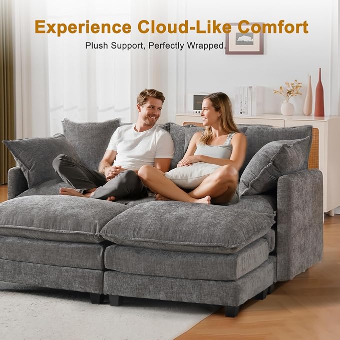 77" Cloud Chenille Sectional Sofa with 2 Ottoman｜Modular Couch with 29.1" Deep Seat｜FSC Solid Wood Frame｜Easy Assembly & 1YR Guarantee｜for Apartment Living Room (Grey, 77 Inch（U）)