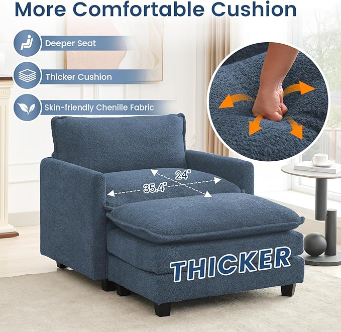 ROWHY Convertible Sectional Couch with Ottoman, Single Armchair with armrests, Modern Living Room Furniture Set, Small Couches for Small Spaces, for Living Room, Chenille, Royal Blue