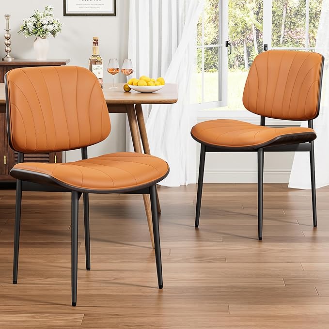 Dining Chairs Set of 2, Mid-Century Modern Upholstered PU Leather Chairs with Walnut Back and Metal Legs Adjustable Feet for Kitchen Dining Room, Orange Shell Strips