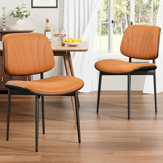 Dining Chairs Set of 2, Mid-Century Modern Upholstered PU Leather Chairs with Walnut Back and Metal Legs Adjustable Feet for Kitchen Dining Room, Orange Shell Strips