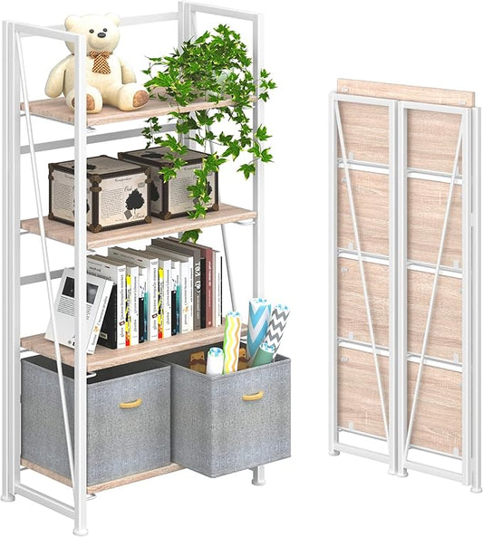 4NM No Assembly Folding Bookshelf Storage Shelves 4 Tiers Vintage Bookcase Standing Racks Study Organizer Home Office (Natural White)