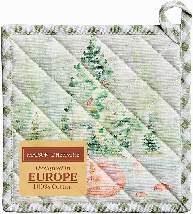 Maison d' Hermine Pot Holders 100% Cotton Heat Resistant Potholders 8" x 8" Hot Pads with Loop for Thanksgiving Christmas Decorations BBQ Cooking Baking Handling Hot Pans (Pack of 1, Winter Mornings)
