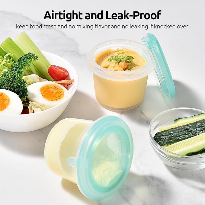 U-Taste 4oz×2 Silicone Food Container Set: Small Kitchen Storage with Airtight Lid, Freezer & Microwave Safe, Snack Box with Date Marking Circle, Clear Stackable for Yogurt, Hummus, Garnish-Aqua Sky