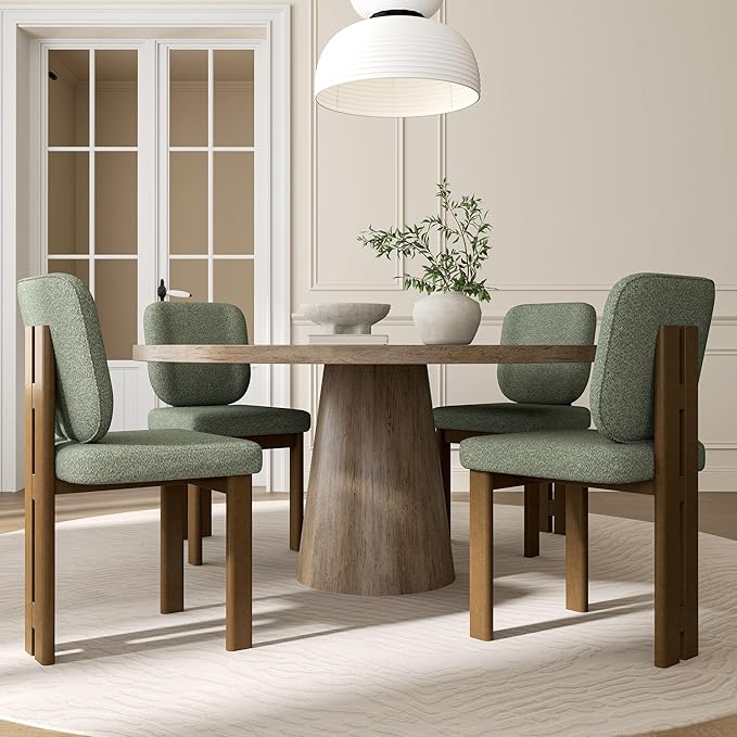 Modern Dining Chairs Set of 4, Farmhouse Chenille Upholstered Wooden Kitchen Chairs with Back, Side Armless Dining Room Chairs with Walnut Wood Legs for Kitchen Restaurant, Green