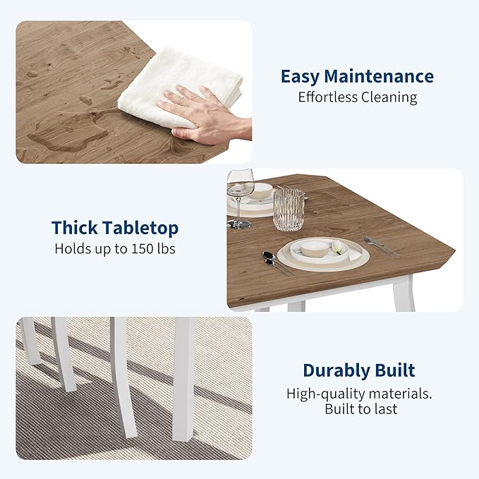 5 Piece Dining Table Set for 4, Space-Saving Kitchen Table with Wooden Seat Chairs, Modern Angled Corner Design, Compact Dinner Set for Small Spaces, Apartment, White & Wood Grain Color