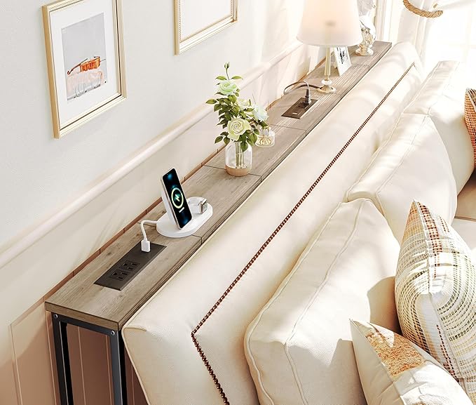 SUPERJARE 78.8 Inch Narrow Console Table with Outlet, Sofa Tables, Behind Couch Table, Long Entryway Tables with Charging Station, for Living Room, Oak