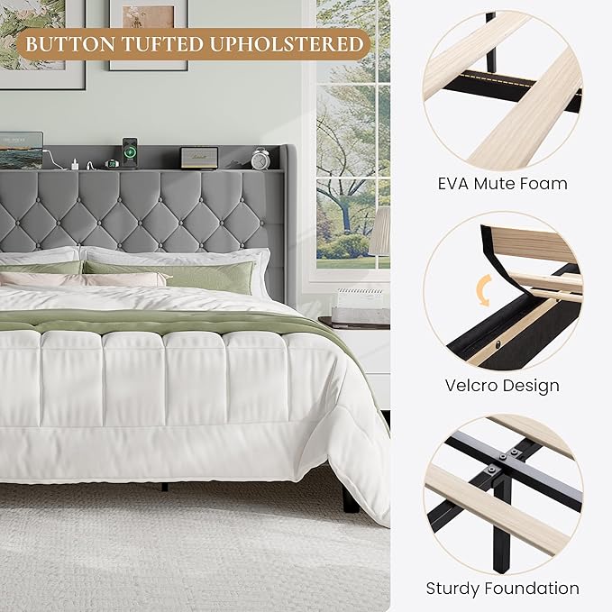 SHA CERLIN King Size Platform Bed Frame with Charging Station, Velvet Wingback Headboard with Storage Shelf, Wooden Slats Support, Ample Under-Bed Space, No Box Spring Needed, Easy Assembly, Grey